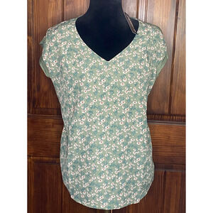 Papermoon Flower Blouse, Green- Pink/White Flowers, Button Back Detail Size S